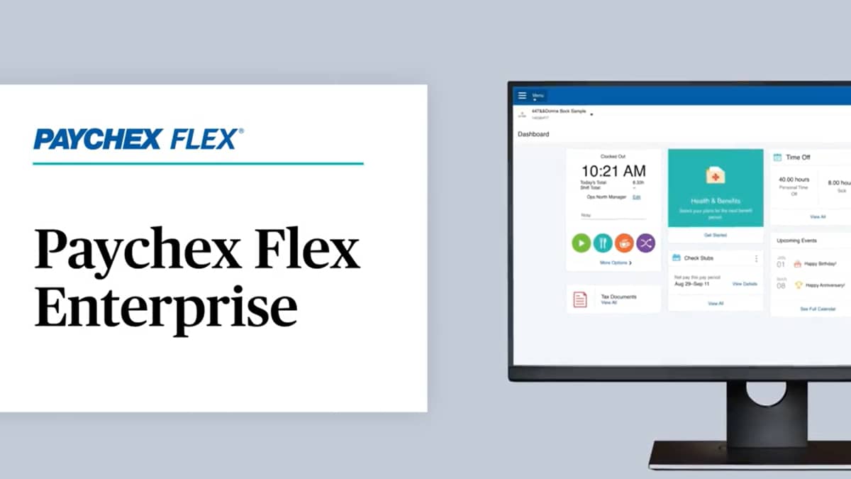 Paychex Flex Enterprise software title and desktop computer screen