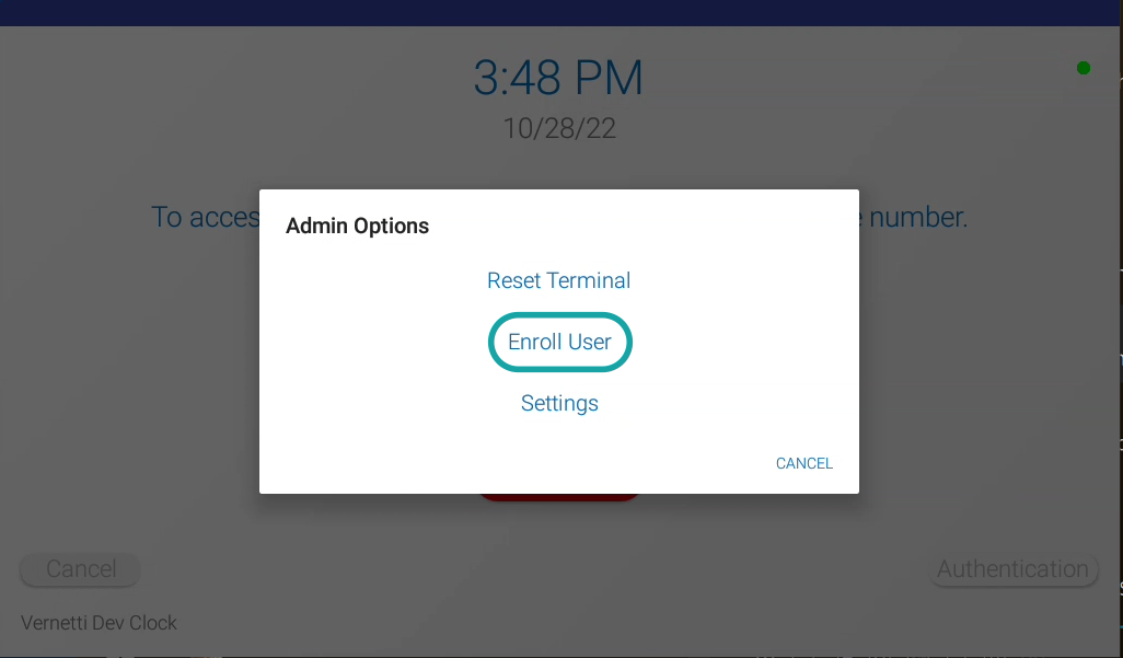 the enroll user option is at the center of the screen, between reset terminal and settings