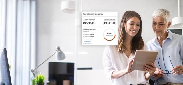 A Human Resources person going over retirement options with a employee, there is also an overlay of the paychex flex retirement dashboard