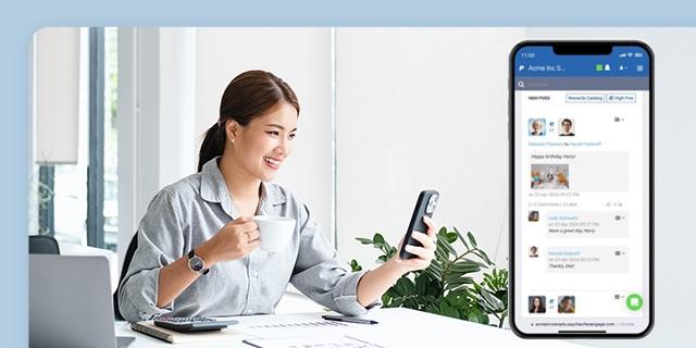 employee checking her cellphone and a mockup cellphone with the rewards image from paychex flex