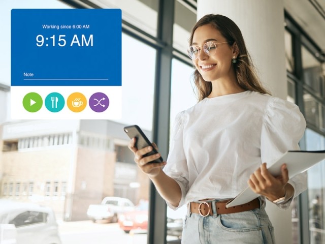 A small business owner checking her time tracking on her phone